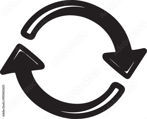 Minimalist circular arrows icon, black hand-drawn recycle symbol vector, rotating motion sign for sustainability and process flow isolated PNG with Transparent Background