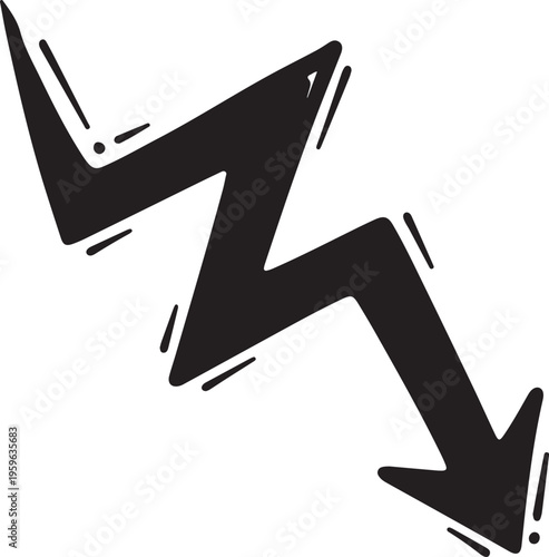 Hand-drawn zigzag arrow vector, black doodle arrow pointing down, expressive sketch of a lightning bolt shaped arrow for business decline isolated PNG with Transparent Background