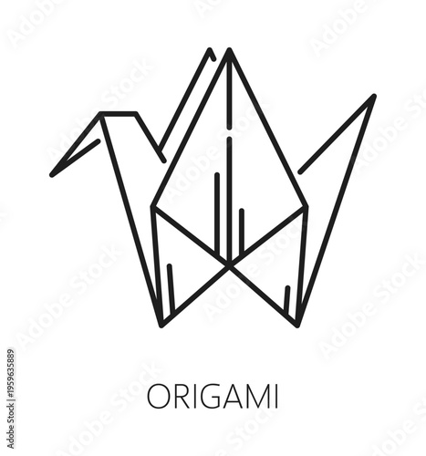 Japan origami crane, oriental travel line icon or pictogram. Japanese holiday travel pictogram, Asia culture trip vector sign. Asian country vacation tour symbol with origami paper crane or dove bird