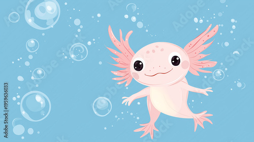 Cute cartoon axolotl swims happily in pastel blue water with bubbles around it during a peaceful day in a vibrant underwater scene