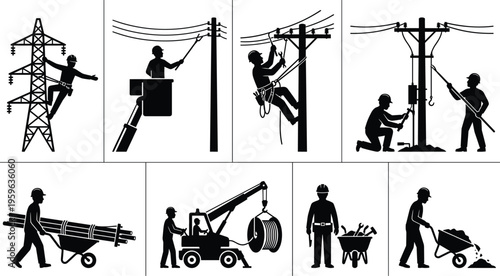 Black silhouette set of electrician line worker repairing power lines on electric pole and construction workers with machinery isolated on white background