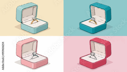 Wedding proposal jewelry box vector set with open ring boxes in blue pink red on beige white teal pastel backgrounds for engagement