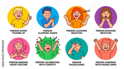 A vector illustration of people expressing various emotions and reactions with gestures and facial expressions in a colorful setting.