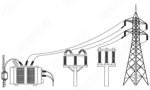 Vector illustration of electrical power transmission system with transformer, insulators, circuit breakers, and highvoltage lattice tower infrastructure design [Converted].eps