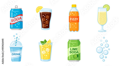 Vector graphics of various cold drinks and glasses on a table with refreshments