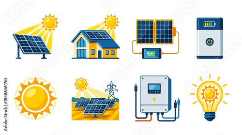 Vector graphics illustrate solar panels generating electricity for a house with various equipment.