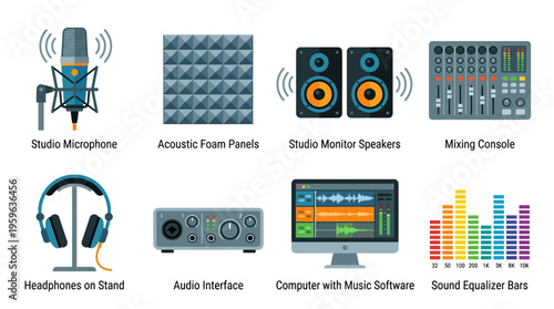 A vector graphic illustration of a home studio setup with various audio equipment for music production and recording including a microphone and headphones.