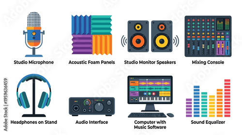 A vector graphic illustration of a home recording studio setup with vector style elements including a microphone, acoustic panels, monitor speakers, and music software on a computer.