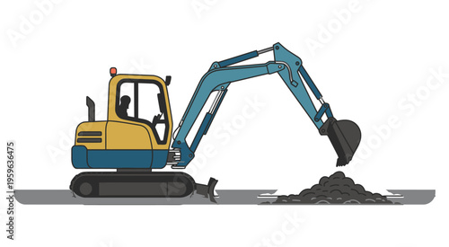 mini excavator digging soil construction machine isolated vector, powerful compact excavator in action,, engineering visuals and professional industrial use.