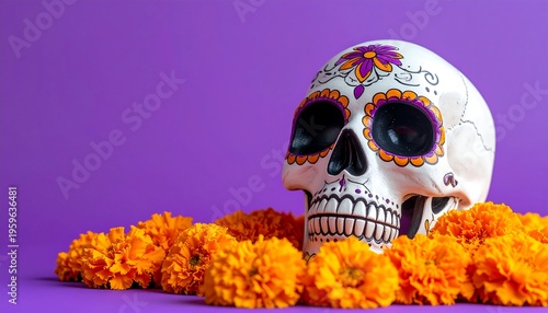 Dia De Los Muertos Sugar Skull with Marigolds.