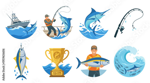 A vector illustration set of fishing themed icons including boats, fishermen, trophies, and various fish in a dynamic vector style.