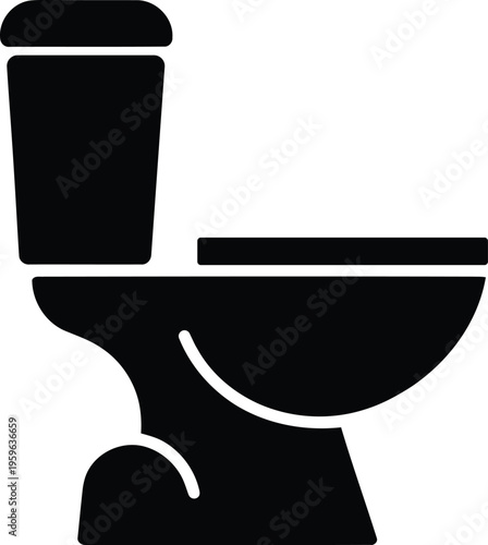Simple black silhouette icon of a modern flush toilet with tank and bowl is isolated against a white background.