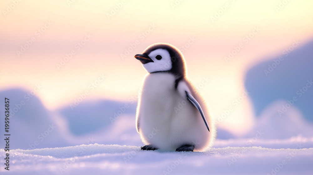 Fototapeta premium Penguin chick stands on icy surface in cold environment at dusk with soft light in the background