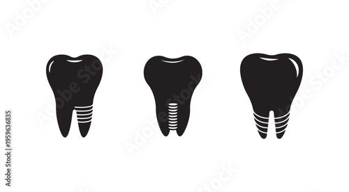 Black and white dental implants with screws and roots  tooth icons  dental health and medical symbols