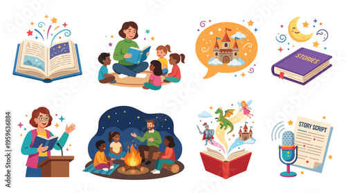 Children gathered around a campfire storytelling with vector illustrations at night
