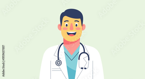 Smiling doctor portrait with stethoscope, friendly healthcare professional character, medical physician illustration in flat design isolated on light background