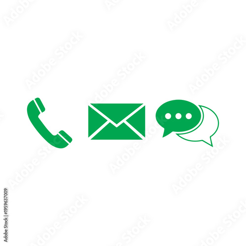 Green telephone receiver, email envelope, and overlapping chat bubbles form a set of contact options against a stark white backdrop.