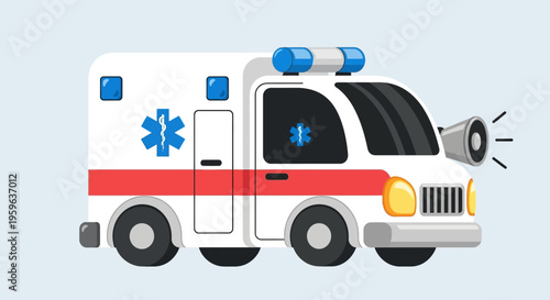 Ambulance cartoon illustration, emergency medical vehicle with siren and lights, healthcare transport concept, rescue service van in flat design isolated on background