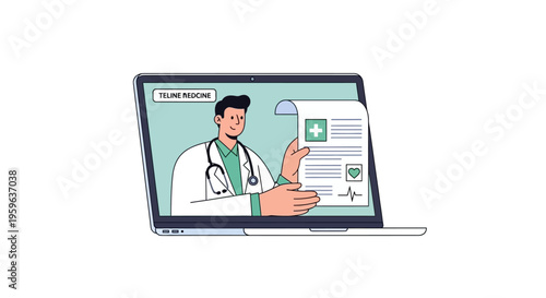 Doctor giving presentation on laptop screen, online medical education and telemedicine concept, healthcare professional explaining information digitally illustration isolated on background