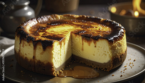 Delicious Basque Burnt Cheesecake Slice with Caramel Drizzle Creamy Texture and Rich Flavor for Gourmet Dessert Presentation
