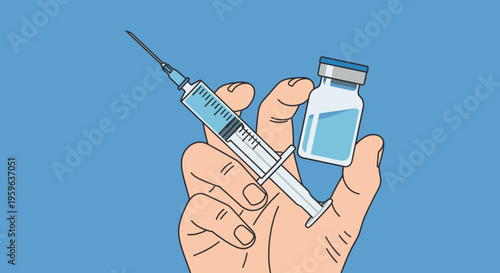 Hand holding syringe and vaccine vial, immunization and medical injection concept, healthcare treatment and disease prevention illustration isolated on blue background