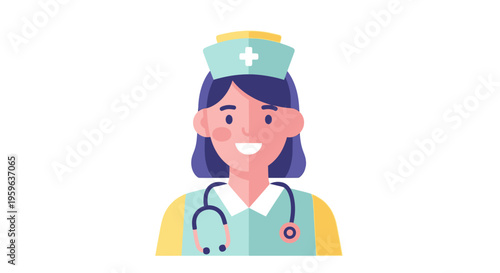 Nurse avatar illustration with stethoscope, healthcare professional portrait, friendly medical staff character, flat design icon isolated on light background
