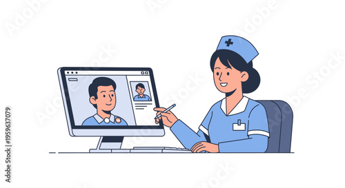 Nurse conducting online consultation with patient on computer screen, telemedicine and digital healthcare concept, medical communication and remote diagnosis illustration