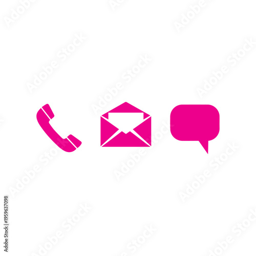 A vivid magenta collection of contact method icons including a telephone receiver, an open envelope, and a dialogue bubble.