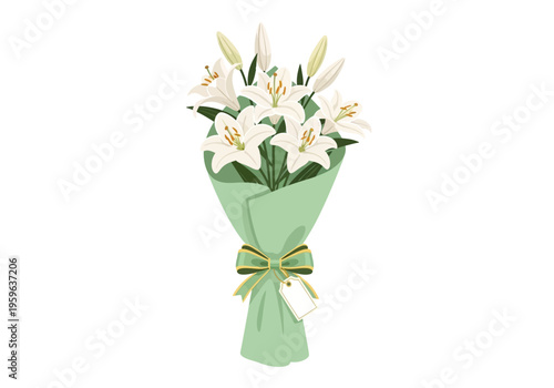 A bouquet of white lilies wrapped in light green paper with a green and gold ribbon and tag