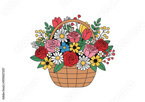 A brightly colored illustration of a woven basket overflowing with various flowers