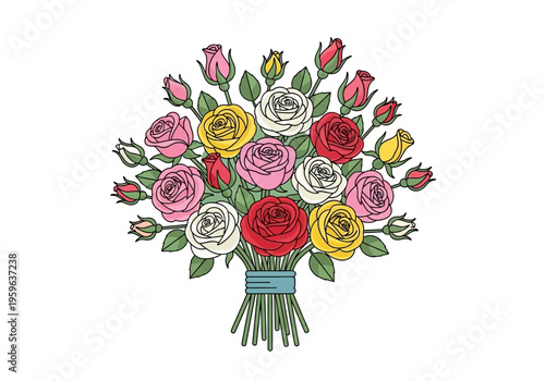 A colorful bouquet of assorted red yellow pink and white roses with green stems