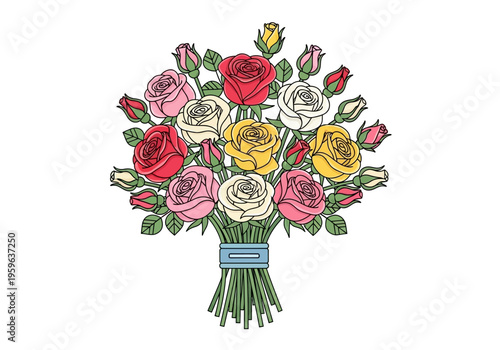 A colorful bouquet of assorted roses tied together with a blue ribbon