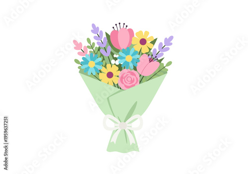 A colorful illustrated bouquet of assorted flowers wrapped in light green paper