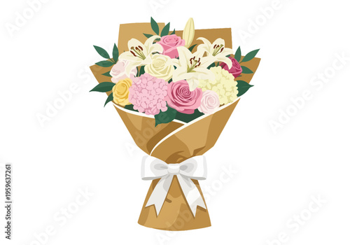 A colorful flower bouquet wrapped in brown paper and tied with a white ribbon