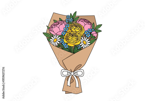 A handdrawn bouquet of mixed flowers wrapped in brown paper with a white bow