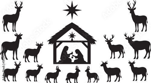 Christmas nativity scene with reindeer and star silhouette vector