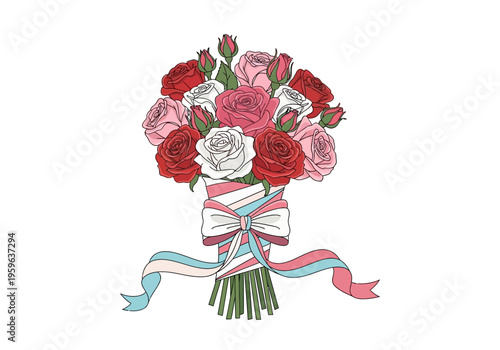 Bouquet of red pink and white roses tied with a Transgender Pride ribbon