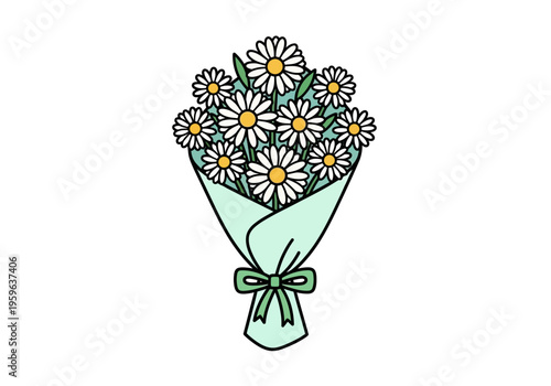 A cartoon bouquet of white daisies wrapped in mint green paper with a green ribbon