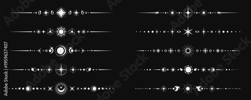 Esoteric mystic celestial divider borders with moon phases, stars and suns. Vector line ornament, magic, astrology, witchcraft space spiritual frames boho set with moon cycles and witchy symbols