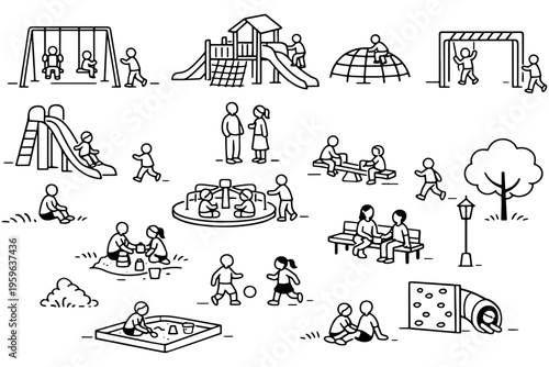 Kids Playground Outline Drawing Swings Slide Sandbox Vector Set