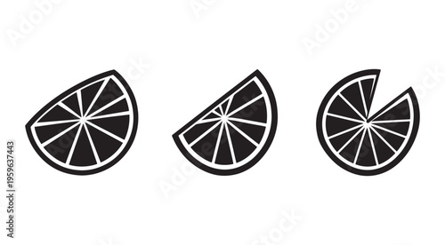 Black and white illustration of three slices of citrus fruit in different orientations on white background
