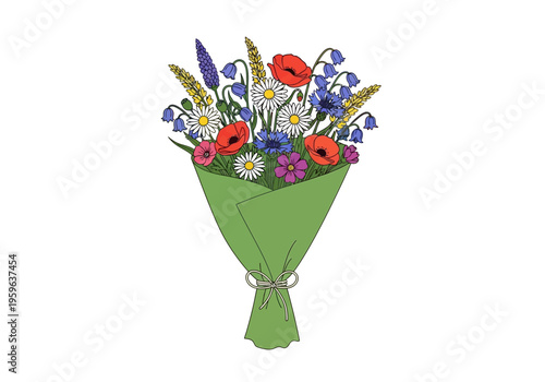 A colorful bouquet of wildflowers wrapped in green paper tied with a white bow