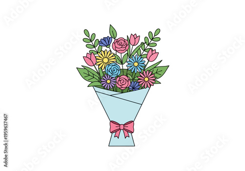 A colorful cartoon bouquet of assorted flowers wrapped in light blue paper with a pink bow