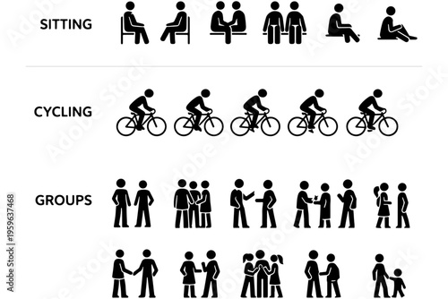 Minimalist People Silhouettes Set Bike Motion and Group Figures