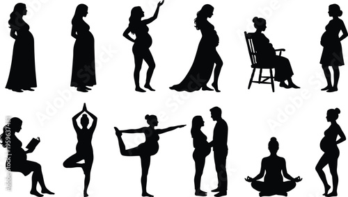 Black silhouette set of pregnant woman doing yoga stretching exercising and motherhood lifestyle activities with husband isolated on white background
