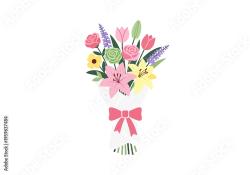 A colorful illustrated bouquet of flowers wrapped in white paper with a pink bow