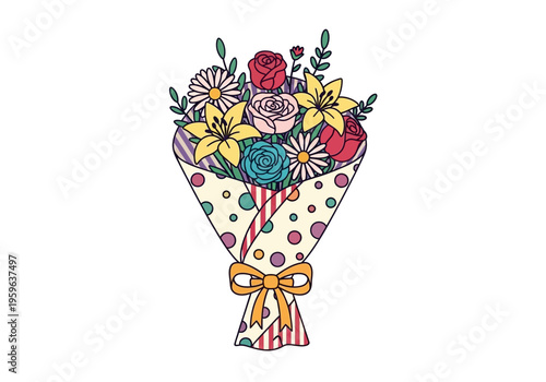 A colorful illustrated bouquet of mixed flowers wrapped in patterned paper tied with a bow