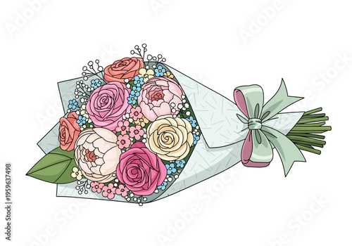 A handdrawn illustration of a colorful bouquet wrapped in paper and tied with a bow