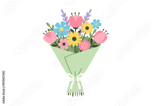 Bouquet of colorful flowers wrapped in light green paper with a white bow