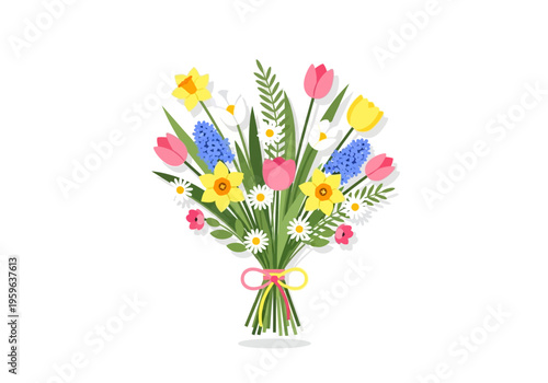 Bouquet of colorful spring flowers tied with a pink ribbon on a white background